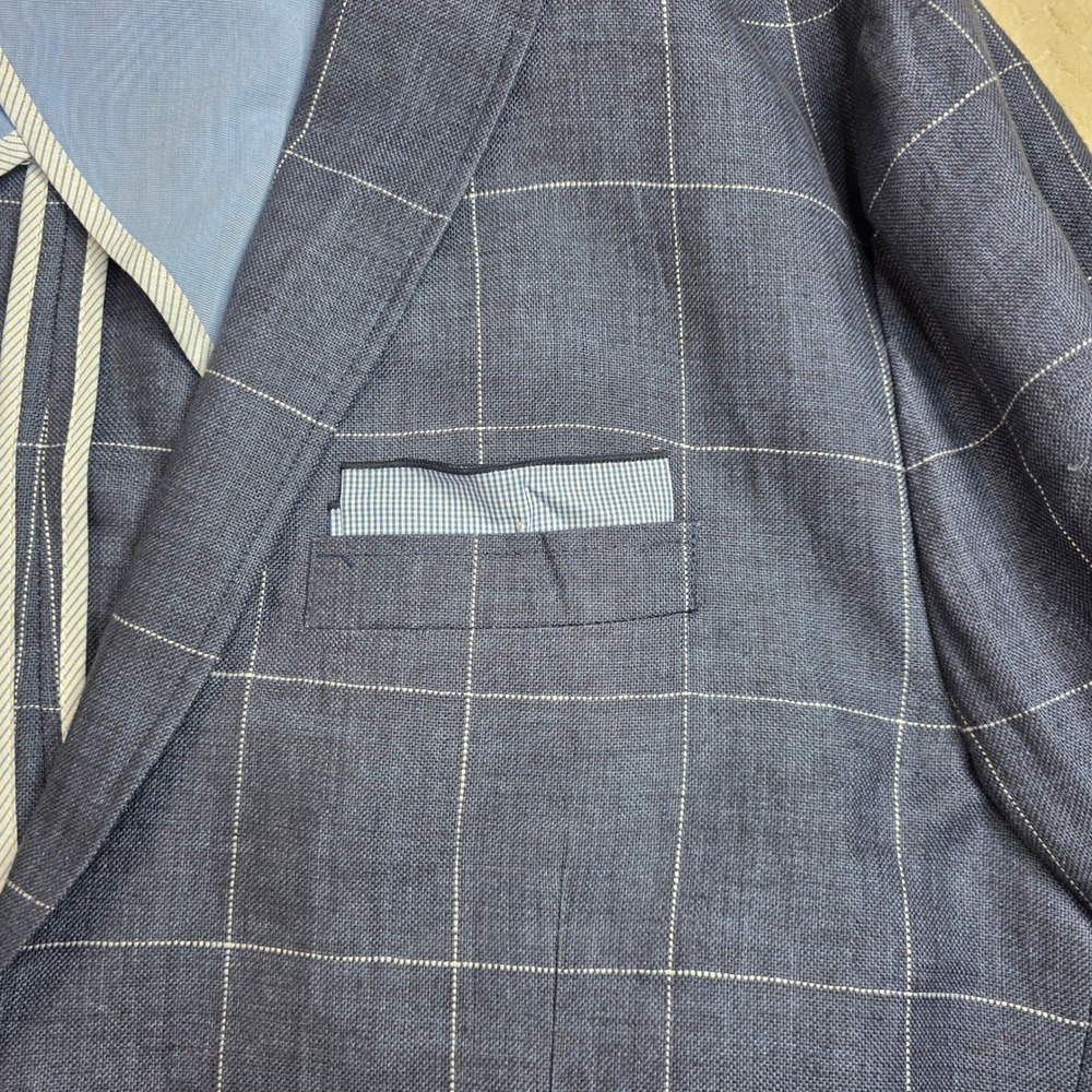 Cremieux Mens XXL Blue Windowpane 100% Linen Blazer Elbow Patches Sport Coat - Picture 7 of 13